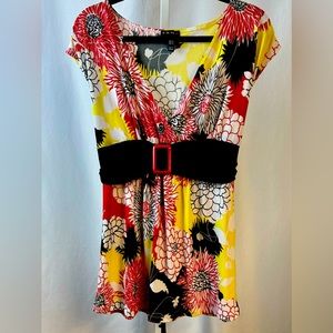 Floral V-Neck Women Top - Red, Yellow, Black